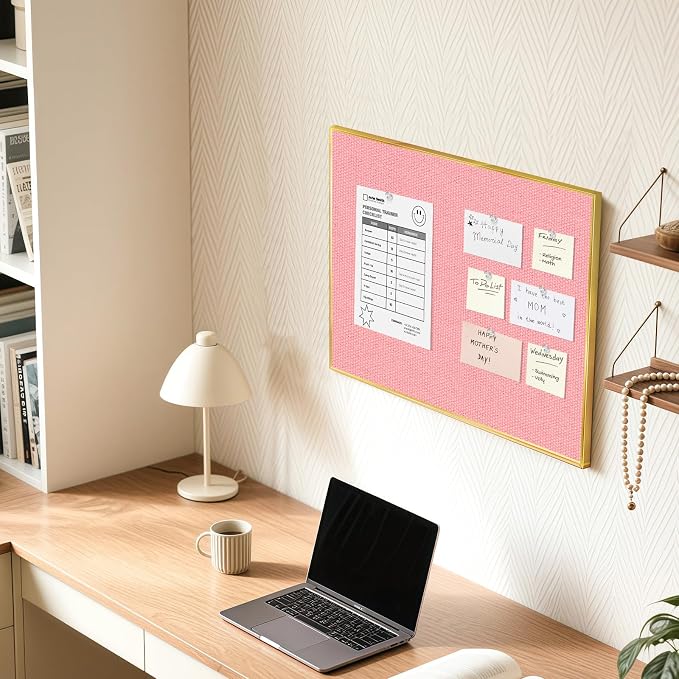 Linen Bulletin Board, 24"x18" Decorative Fabric Pin Board Vision Board | Gold Aluminum Frame, Upgraded Pink Canvas Surface, Wall Mounted, for Home Office Bedroom Dorm Wall Decor