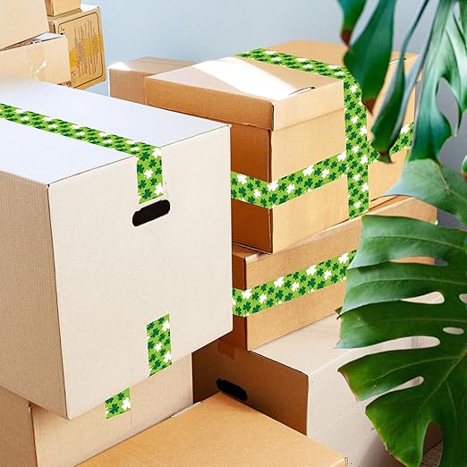 Whaline 109 Yard St Patrick's Day Packing Tapes Irish Luck Green White Shamrock Clover Pattern Decorative Tape Waterproof Gift Wrapping Tape for Small Business DIY Crafts Box Carton Decor