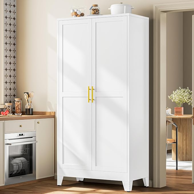 PAOFIN 79" Tall White Kitchen Pantry Cabinet, Metal Storage Cabinet | with 2 Doors and 5 Adjustable Shelves, Steel Freestanding Wider Cupboard for Kitchen Dining Bathroom Bedroom(New Update)