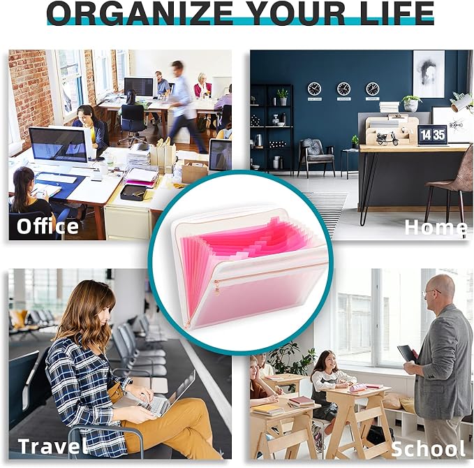 H4D Accordion File Organizer, 13 Pocket Expanding File Folder, Pink | Zippered, Front Clear Pouch, Letter Size Paper, A4 Paper, Fit for Documents