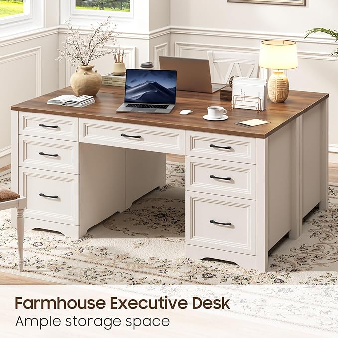 Vabches Farmhouse Executive Desk, Wood Home Office Desk with 2 Large File Drawers and 5 Storage Cabinets, Rustic Writing Desk for Work and Study, Brown