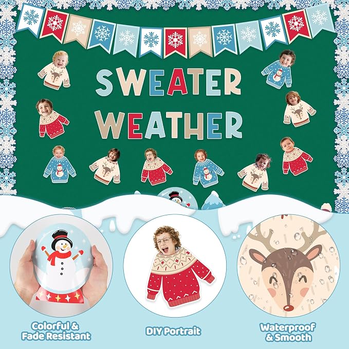 95Pcs Winter Bulletin Board Decoration Set Christmas Sweater Weather Classroom Decoration Kit Snowmen Snowflake Border DIY Photo for Home School Office Wall Door (Sweater)