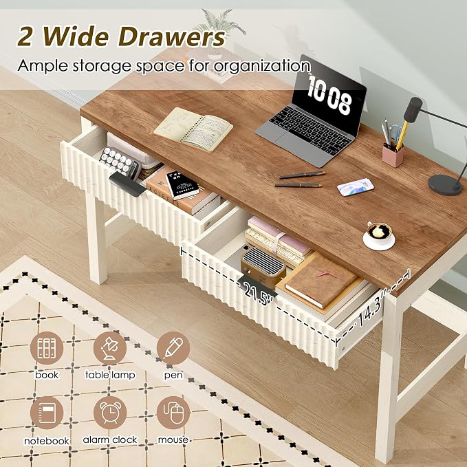 47 Inch Small Fluted Computer Desk with 2 Drawers for Bedroom, Home Office | Small Computer Desk with Storage, Compact Writing Study Desk for Small Spaces