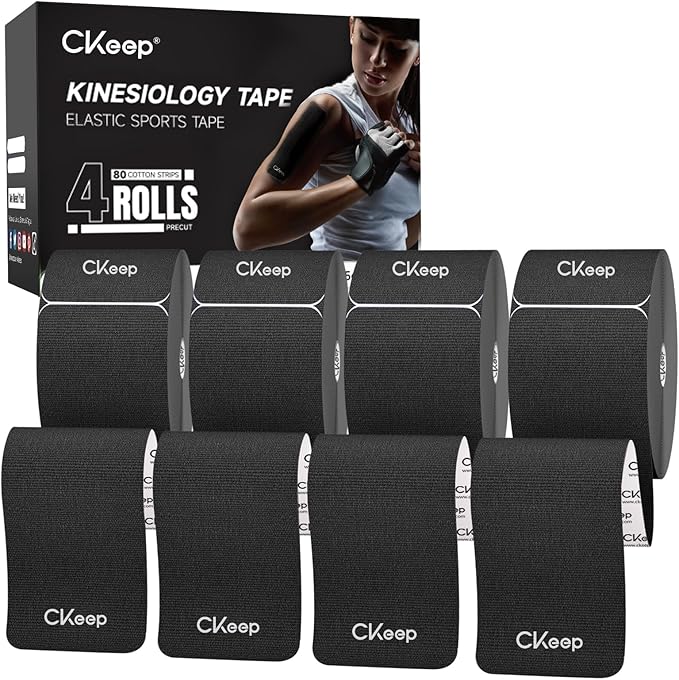 CKeep 4 Rolls Kinesiology Tape, Original Cotton Elastic Athletic Tape, 20 Precut 10" Strips Each, Black, Ideal for Muscle Support & Injury Prevention