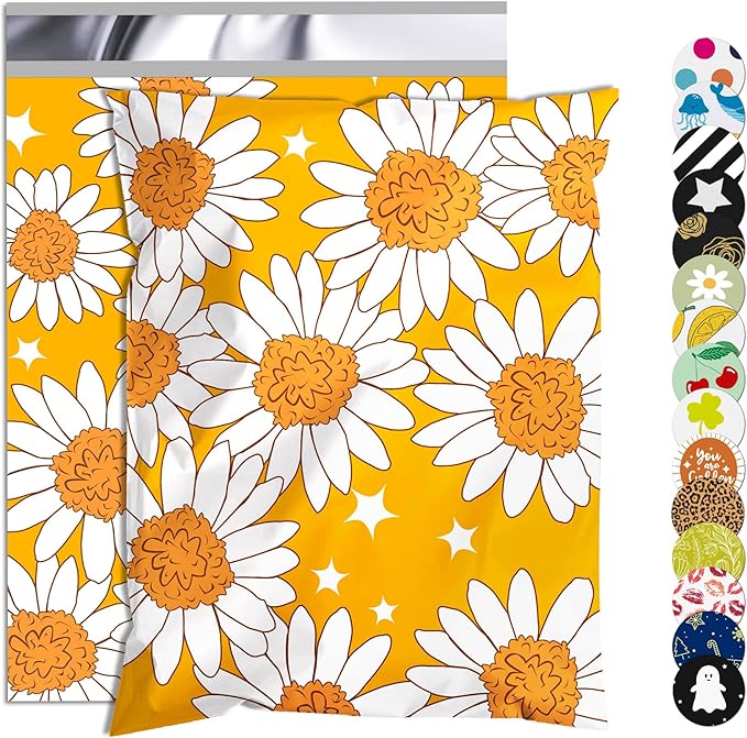 25 Pcs 10x13 Inch Poly Mailer, Waterproof & Tear-Resistant Shipping Bags with Self-Seal, Sunflower Printed Packaging for Small Business