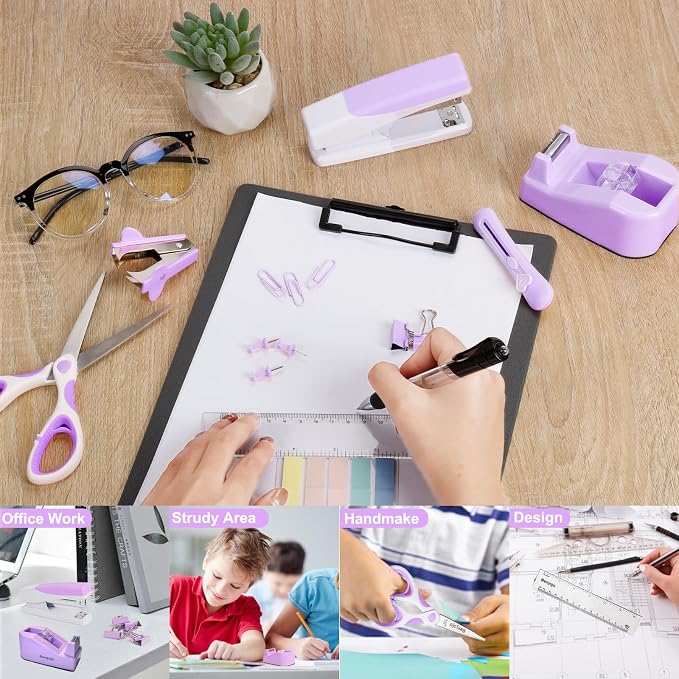 Purple Desk Accessories Set for Women, Stapler and Tape Dispenser Set with Scissor, Staple Remover, Clips & Tabs, Cute Office Supplies Kit for Desk Organization, School, Home & Office, Gift Idea