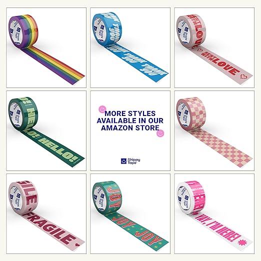 Decorative Packing Tape with Pink Dispenser – Checkered Cream & Blue, 1.88" x 22.2 Yards – Cute Printed Shipping Tape for Gifts, Small Business Essentials, and Mailers