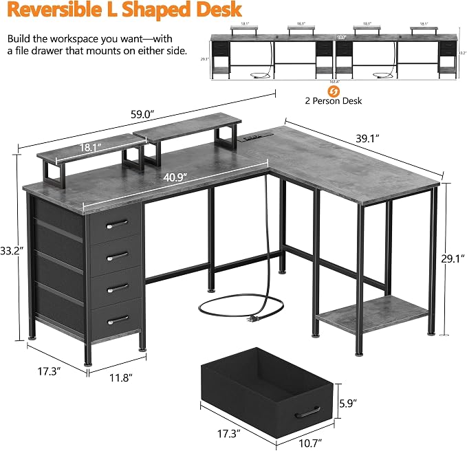 Korfile 59 inch L Shaped Computer Desk with Power Outlets, Home Office Desk with 4 Adjustable Storage Drawers & 2 Monitor Stands, Two Person Gaming Table for Bedroom, Grey