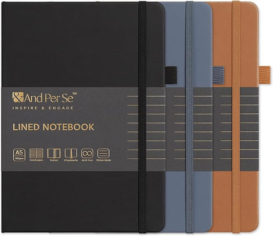 &And Per Se Lined Notebooks 3-Pack Gift Set, A5 Hardcover Journals, 160 Pages 100gsm Thick Paper, 3 Assorted Colors (Brown, Blue, Black) – Gift for Men