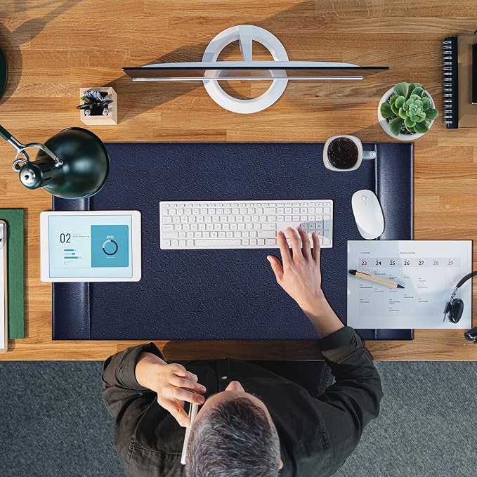 Leather Desk Pad Protector with Side Rails, Blue, 30 x 18 Inch | Executive Office Desk Mat, Smooth Writing Surface, Desktop Protector Covers Mouse Keyboard, Elegant Gift, Men Dad Husband