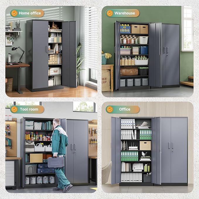 Metal Storage Cabinet with Lock Door and 5 Shelves,6 Tier Steel Garage Tool Cabinet for Home Office Utility Room 72" H X 36" W X18 D (Black Gray)