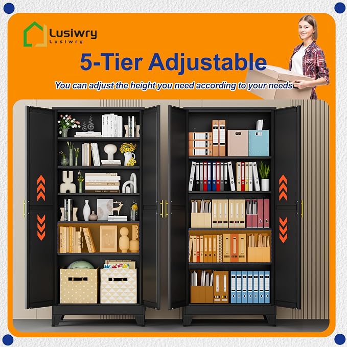 Metal Storage Cabinet with 2 Doors and 5 Adjustable Shelves - 74.8" Steel File Cabinet,Tool Cabinets for Office,Home,Garage,Gym,School (Black)