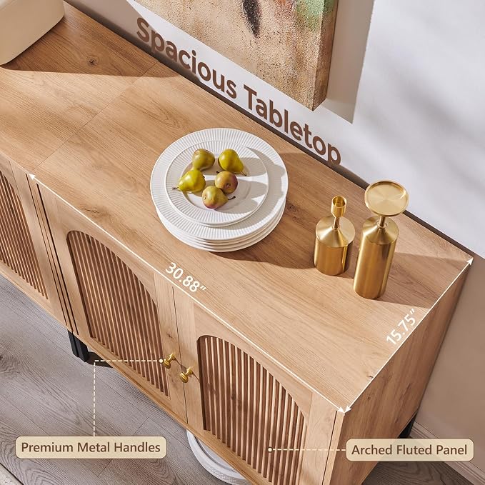 IFGET 123.5" W Modern Arched Sideboard Buffet Cabinet with Storage, Natural | Fluted Arch Sideboard Cabinet w/Adjustable Shelves, Wooden Modular Kitchen Cabinet for Dining& Living Room, Entryway