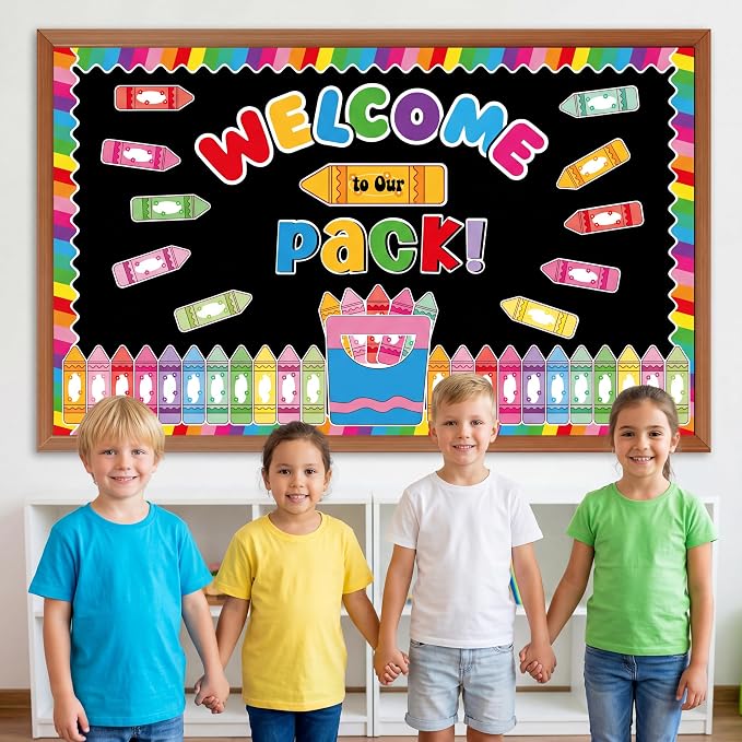 Welcome Back to School Bulletin Board Set Colorful Crayon Theme Classroom Decorations Welcome to Our Pack Bulletin Board Crayons Name Tags Cutout for School Office Chalkboard Wall Decor