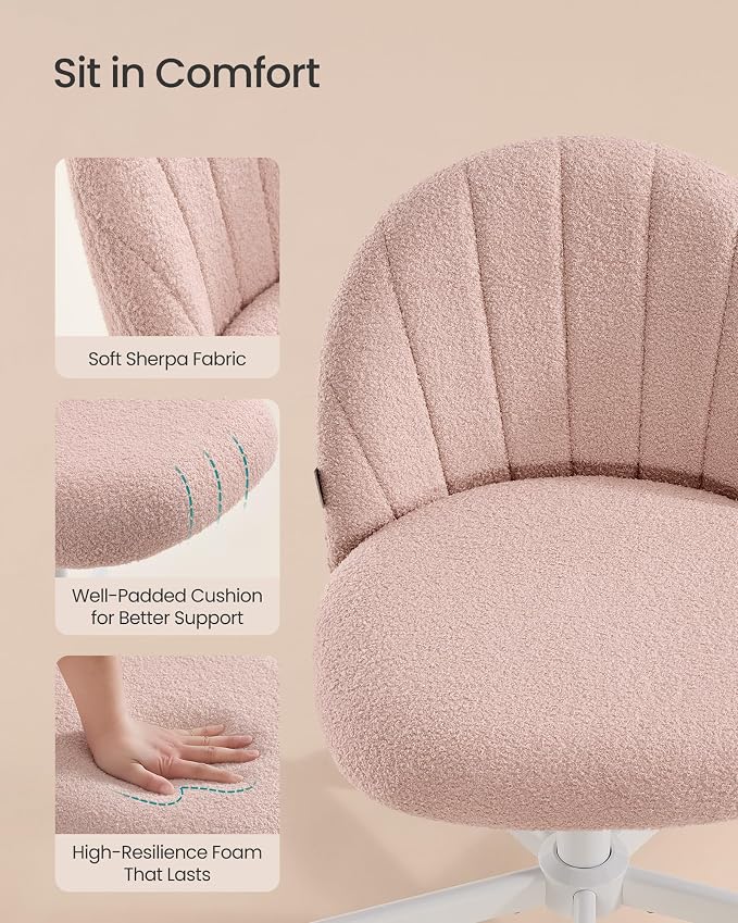 SONGMICS Office Chair, Swivel Makeup Vanity Desk Chair, Height Adjustable, Foam Padded, for Home Office, Bedroom, Dressing Room, Teddy Fleece, Fruit Pink UOBG027SA01