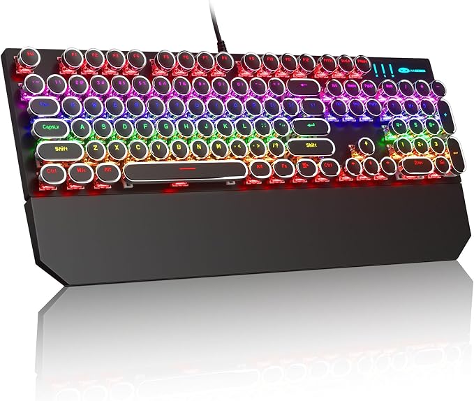 MageGee Typewriter Mechanical Gaming Keyboard, Retro Black Punk Round Keycaps RGB Rainbow Backlit Wired Keyboards for Laptop MAC PC Gamer, with Magnetic Wrist Rest - Blue Switch