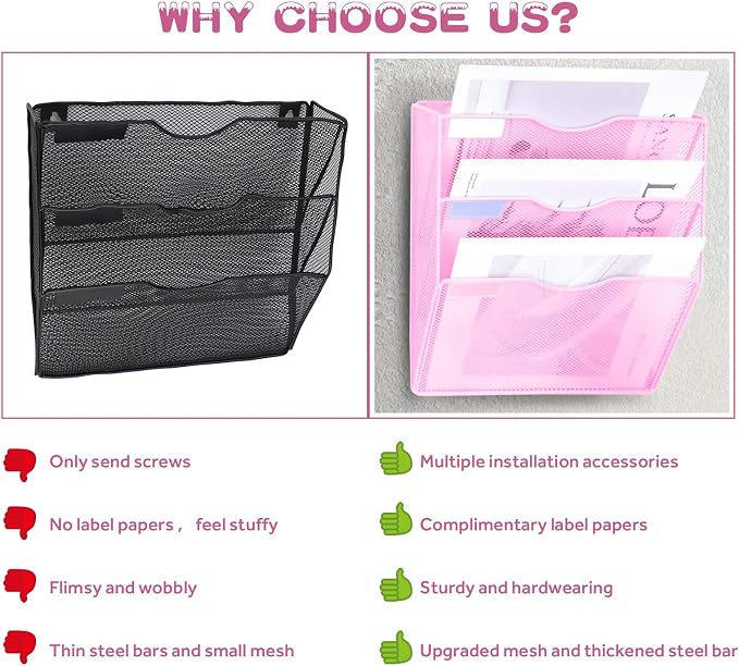 3 Pockets Mesh Wall File Holder Organizer Office Hanging File Folder Magazine Rack, Nametag Label Hooks Set Included (Pink)
