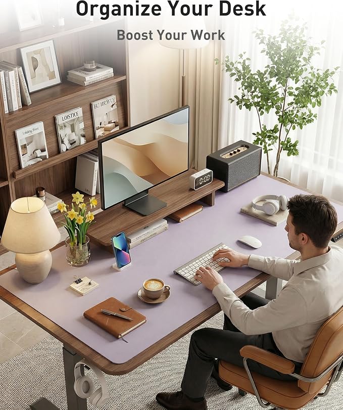 Aothia Faux Leather Desk Mat - Large Mouse Pad, Non-Slip PU Leather Blotter, Waterproof Writing Surface for Office and Home (Smoky Lavender, 40" x 24")