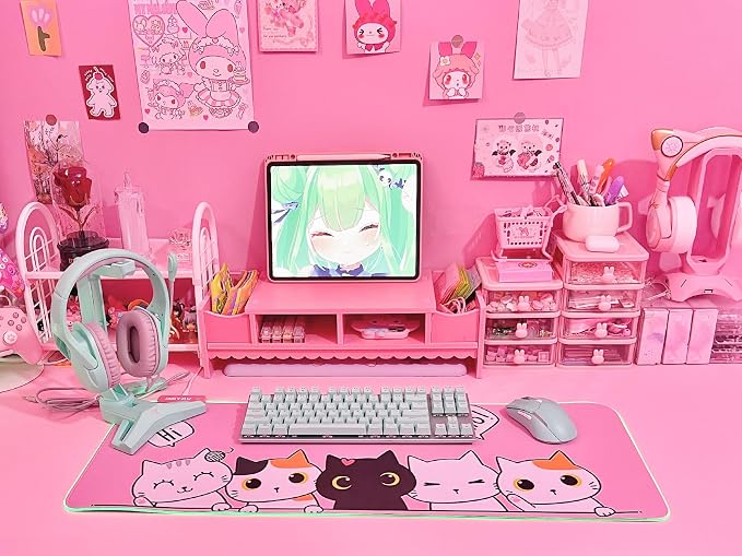 JMIYAV Pink Kawaii Cat RGB Gaming Mouse Pad 31.5x12 Inch PC XL Large Extended Glowing Led Light Up Cool Mouse pad Desk Pad Non-Slip Rubber Computer Mouse Mat Cute Mousepad 31.5x12 Inch