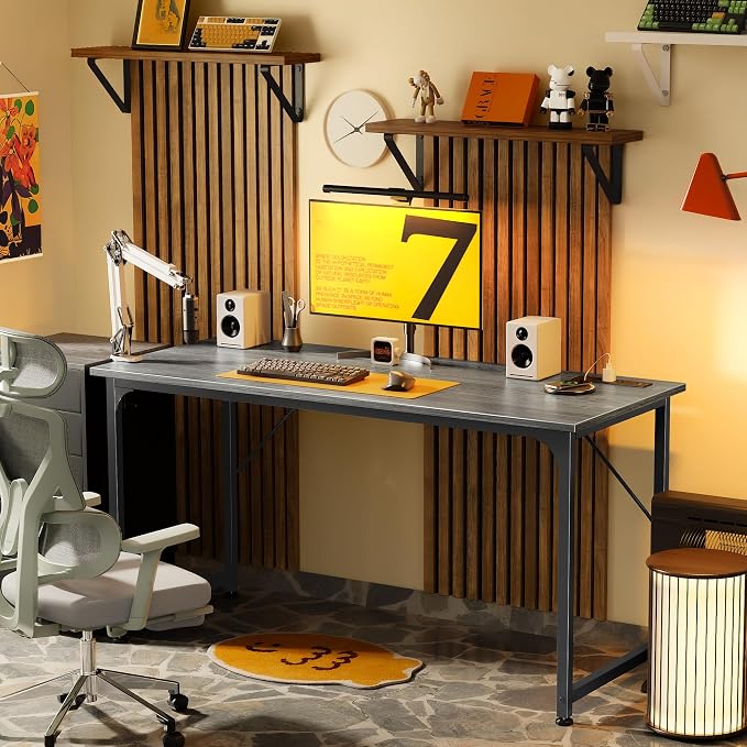 55 X 20 Inch Computer Desk, Power Outlets, USB-C, Grey | Office Desk with 4 AC Outlets, USB & USB-C, Sturdy Metal Frame, Spacious Desktop for Work, Writing, Study & Gaming