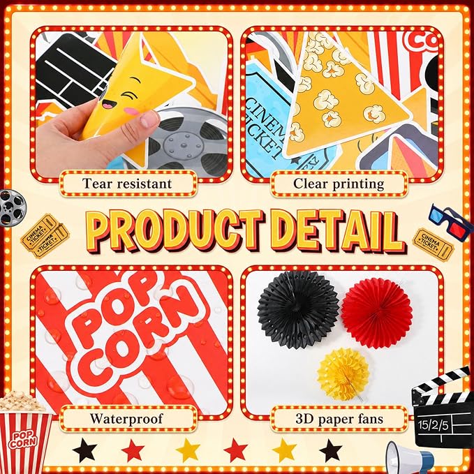 77 Pcs Movie Bulletin Board Decorations with Paper Fans 3D Movie Night Classroom Bulletin Board Superstars Popcorn Now Showing Sign Cutouts for Back to School Office Wall Door Decor Supplies