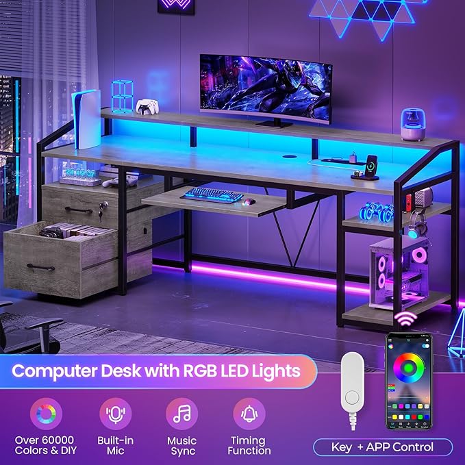 SEDETA 63" Computer Desk, Office Desk with Lockable Drawers for Legal/Letter File, Gaming Desk with LED Lights & Power Outlet, Home Office Desks with Storage, Grey