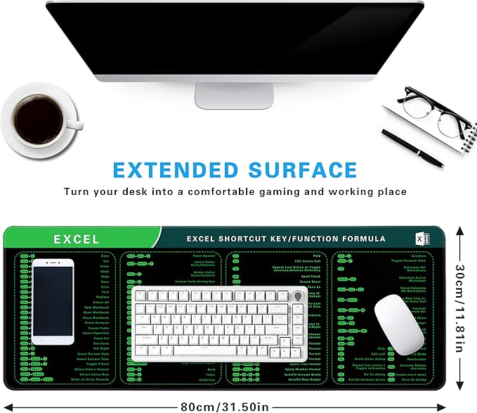 Excel Cheat Sheet Desk Pad, 31.5"x11.8", Waterproof Extra Large Excel Shortcut Mat with Stitched Edges, Anti-Slip Excel Mouse Pad for Office Desk, MS Excel/Word Shortcuts (Green Excel H)