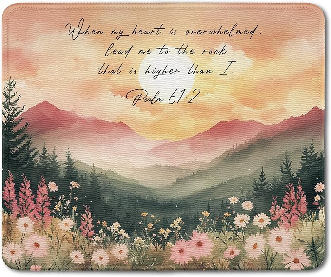Floral Mountain Landscape Christian Bible Verse Mouse Pad, Inspirational Psalm 61:2 Scripture Mouse Pads Mousepad for Home Office Dorm Computers Laptop Supplies Desk Accessories, 9.5x7.9 Inch