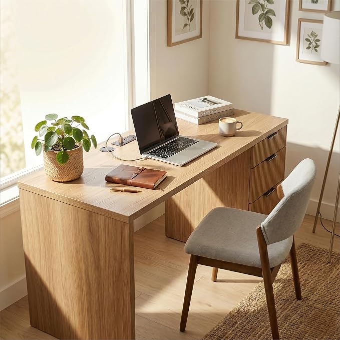 FURSUN 58" Home Office Desk with Power Outlet & File Cabinet, Modern Fluted Executive Desk with 3 Storage Drawers, Large Computer Workstation for Study & Bedroom, Natural Oak