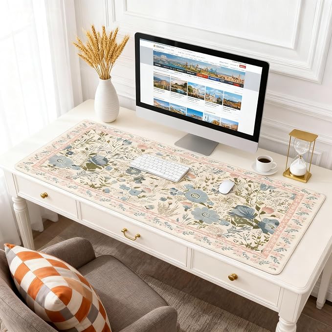 Aesthetic Pink Floral Desk Pad, XXL Large Mouse Pad for Desk with Anti-Slip & Stitched Edges, Keyboard Mat for Computer, Cute Office Supplies and Desk Accessories for Women, Home, Office