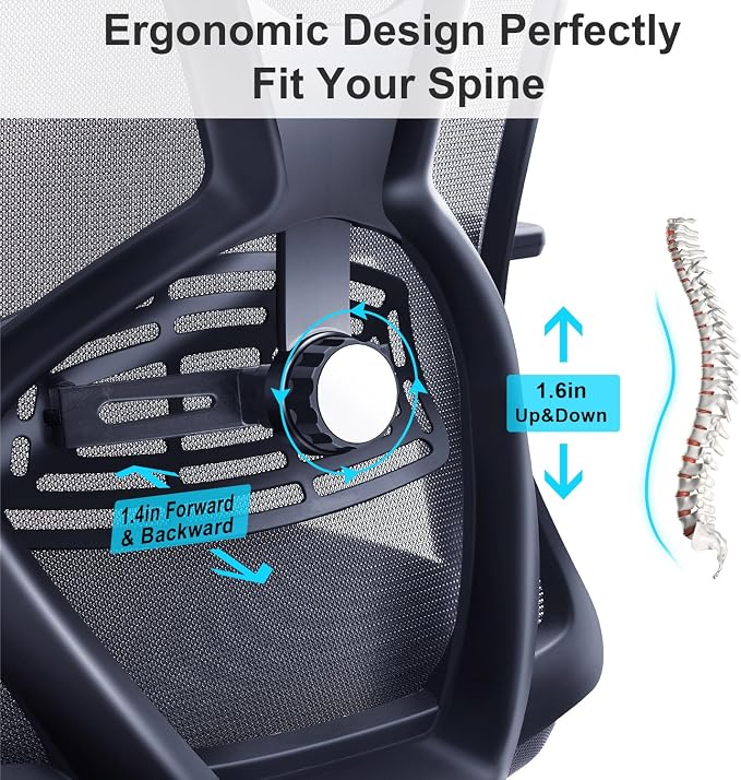 Ticova Ergonomic Office Chair - High Back Desk Chair with Adjustable Lumbar Support, Headrest & 3D Armrest - 130°Rocking Mesh Computer Chair