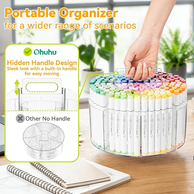 Ohuhu 360° Rotating Acrylic Marker Storage Organizer for Alcohol Markers | Clear Acrylic Pen Holder with Hidden Handle, 10 Compartments for Markers Pens & Pencils, Home Classroom Office Desk Organizer