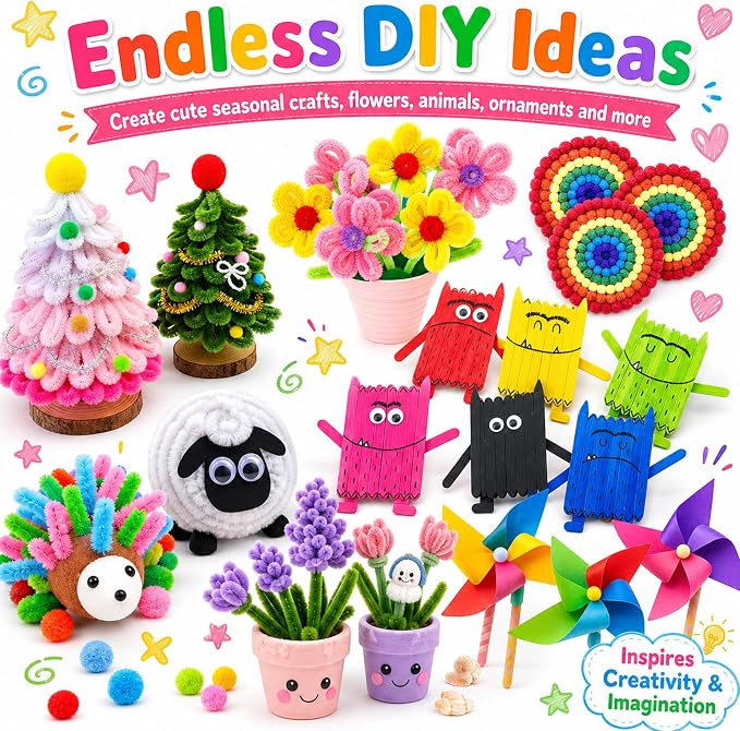 FUNZBO Arts and Crafts Supplies for Kids -Toddlers Craft Kit | with Glitter Glue Stick, Pipe Cleaners, Popsicle Sticks, Pompoms & Stickers, Homeschool Supplies Toys Crafts for Girls age 4+