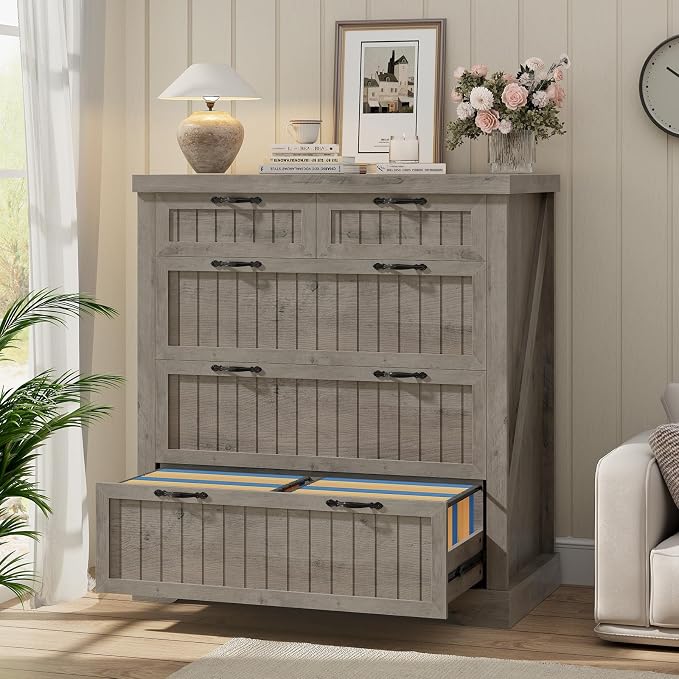 SEDETA Filing Cabinet for Home Office, Farmhouse 5 Drawers File Cabinet, Wood Office File Cabinets for Letter/Legal/A4 Size, File Cabinets with Printer Stand for Study Room, Living Room, Grey