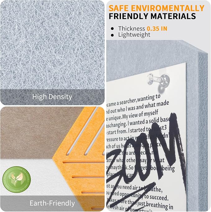 Hexagon Felt Bulletin Cork Board Tiles Peel and Stick, 10 Pack | 1300g/m² Dense Polyester Fiber, Self-adhesive, Frameless, Modern, Modular Wall Decor, 12 x 10 inch, 30 Push Pins