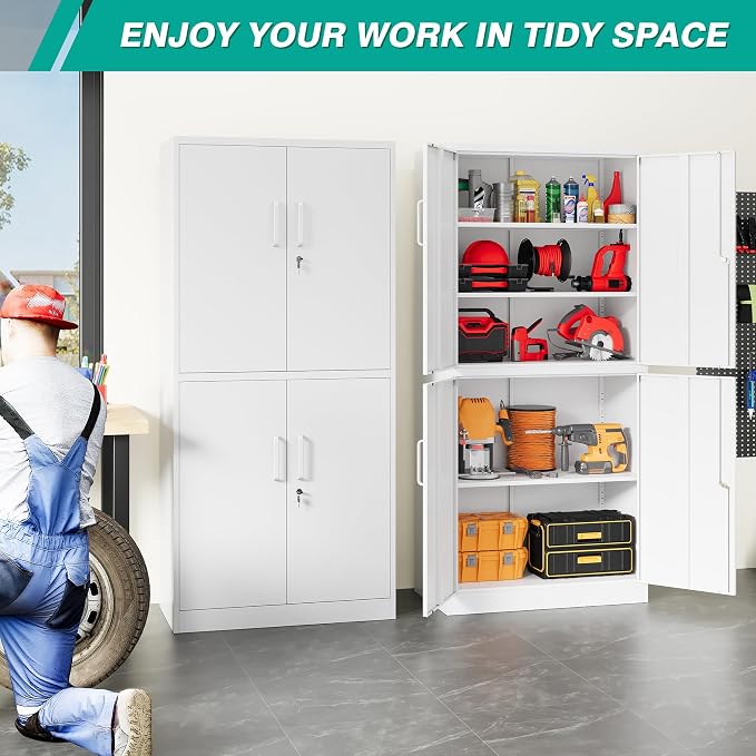 Metal Storage Cabinet with 3 Adjustable Shelves,Garage Storage Cabinet with Lock,White Metal Cabinets with Locking Doors,71" 4 Door Pantry Cabinet,Lockable Cabinets for Home,Office,Garage,Kitchen