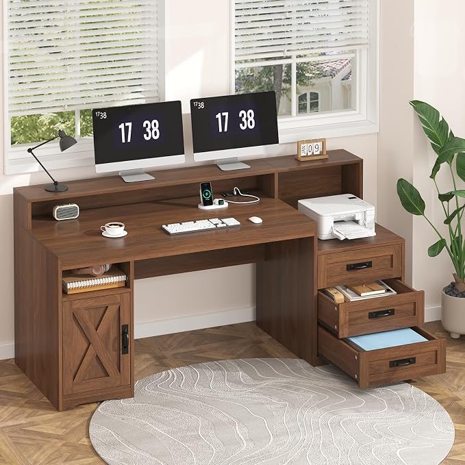 65" Farmhouse Computer Desk with Drawers and Printer Stand for Home Office | Office Desk with Power Outlets and Storage Cabinet, Study Writing Desks with Long Monitor Stand, Brown