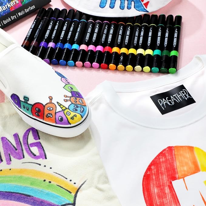 Pagather Fabric Markers, 20 Colors Dual Tip Pens for Clothes | For T-Shirts, Tote Bags, Canvas, Shoes & DIY Fabric Projects, Create Detailed Designs and Creative Patterns