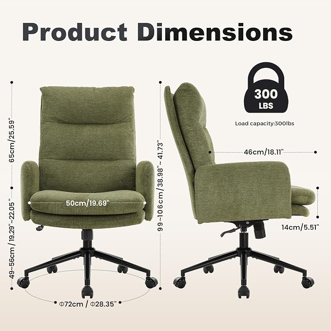 IWMH High Back Home Office Chair,Upholstered Desk Chair with Armrests | Ergonomic Comfy Office Desk Chair,Height Adjustable Armchair with Wheels, 360° Swivel Computer Task Chair (Green)