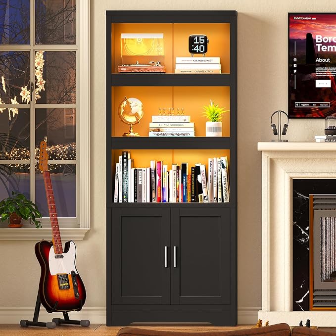 Book Shelf and Bookcase with Doors, 5-Tier Display Storage Cabinet with Adjustable Shelves, Open Compartments, Remote Control LED Lights, Tall cabinet for Bathroom Kitchen Living Room, Home Office