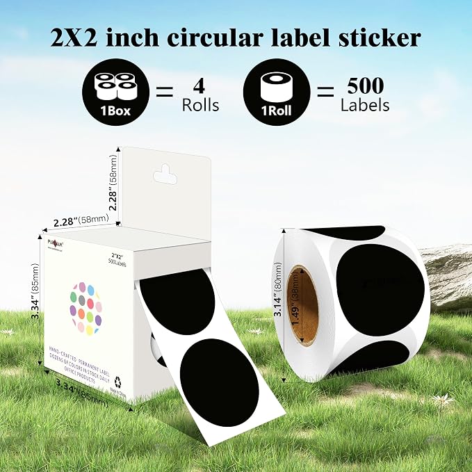 PARLAIM 2 Inch Round Adhesive Color-Code Dot Stickers,4Rolls/2000 per Rolls dots Label Dispenser Box, Circle Stickers Label Inch Coding Labels (Black)