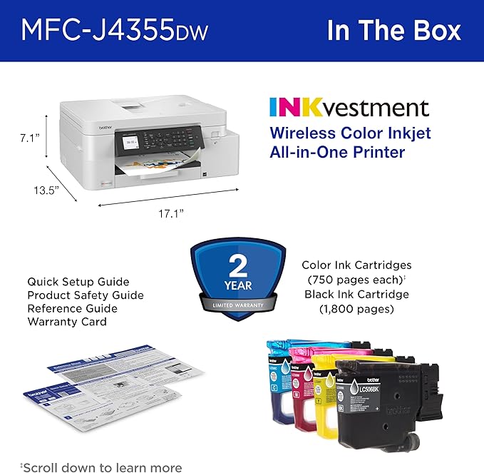 Brother INKvestment 4355 Wireless Color Inkjet All-in-One Printer with 1.8” Color Display and Manual Feed Slot | Includes Refresh Subscription Trial(1) (MFC-J4355DW)