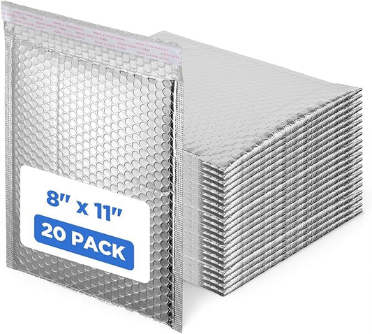 Thermal Bubble Mailers, 20 Pack Silver Metallic Insulated Shipping Bags, 8 x 11 Inch Self Seal Waterproof Foil Mailing Envelopes