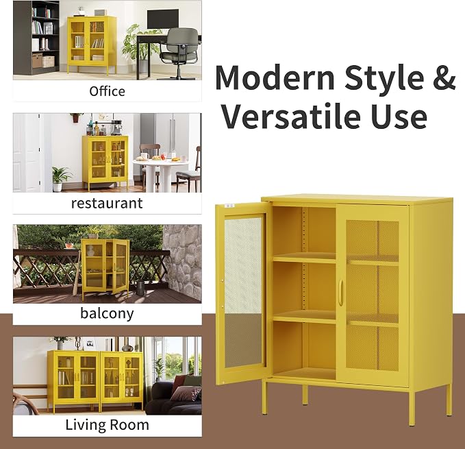 Washsemba Metal Storage Cabinet with Mesh Doors,Steel Display Cabinet with Adjustable Shelves,Metal Office Storage Locker for Home Office,Garage(Yellow, 40''H)