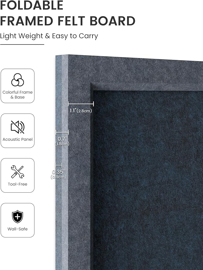 Fluxynara 23.6" x 17.1" Felt Frame Bulletin Board, Carbon Blue | Cork Board Alternative with 12 Removable Adhesive Tabs, Foldable Pin Board for Wall, Home, Office, Classroom & Dorm