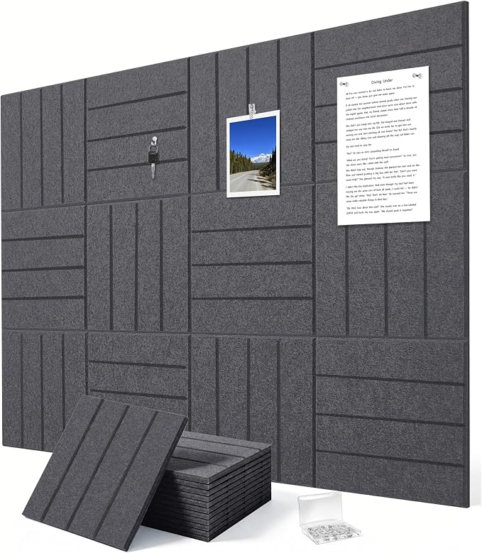 0.47" Thick Felt Wall Tiles 48"x36" Cork Board Alternative 12Pack 11.81"x11.81"Felt Bulletin Board Pin Board with Removable Adhesive tape&60 Pushpins for Home Office School(Bold-Charcoal Grey)