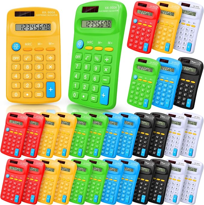 Flutesan 30 Pack Pocket Calculator,Green, White, Red, Yellow, Blue, Black | Mini 4 Function Calculators, for Students Kids, Small Battery Powered Bulk, Basic Handheld, for School Classroom Home Office
