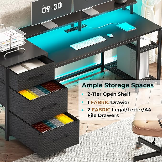 SEDETA 59" Office Desk with Drawers, Reversible Computer Desk with File Drawers & Storage, Gaming Desk with LED Lights & Power Outlet, Home Office Desks for Printer, Black