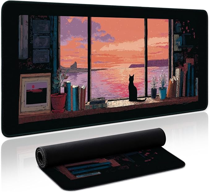 Aesthetic Desk Mat, Cute Cozy Cat Desk Pad Protector for Work & Decor, 31.5" x 11.8", Pretty Non-Slip Extended Mouse Pad for Office or Home