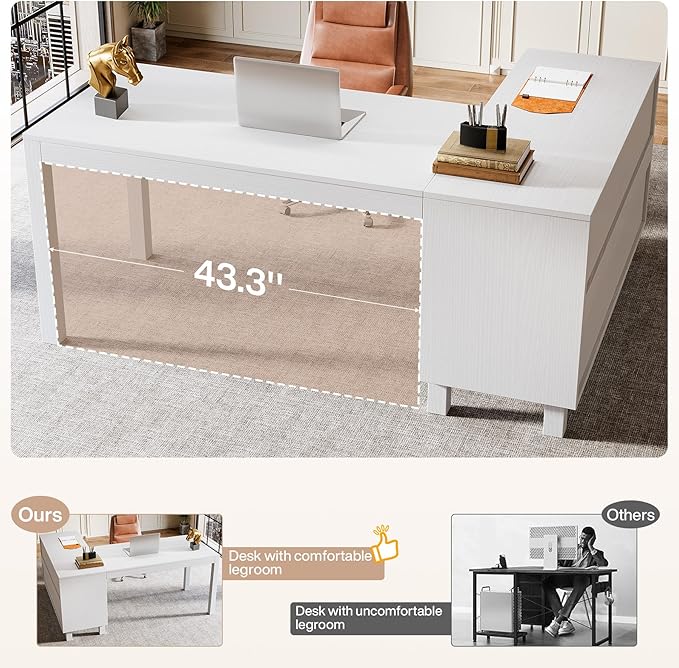 Tribesigns L-Shaped Desk with File Cabinet, 59-Inch Executive Office Desk with Storage Shelves, Wooden Study Writing Desk Farmhouse Corner Computer Desk for Home Office, White